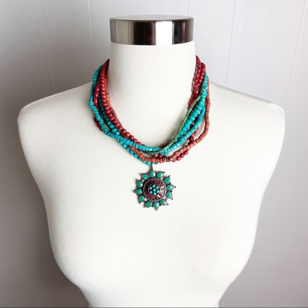 Large Beaded Statement Necklace Teal & Red Beads